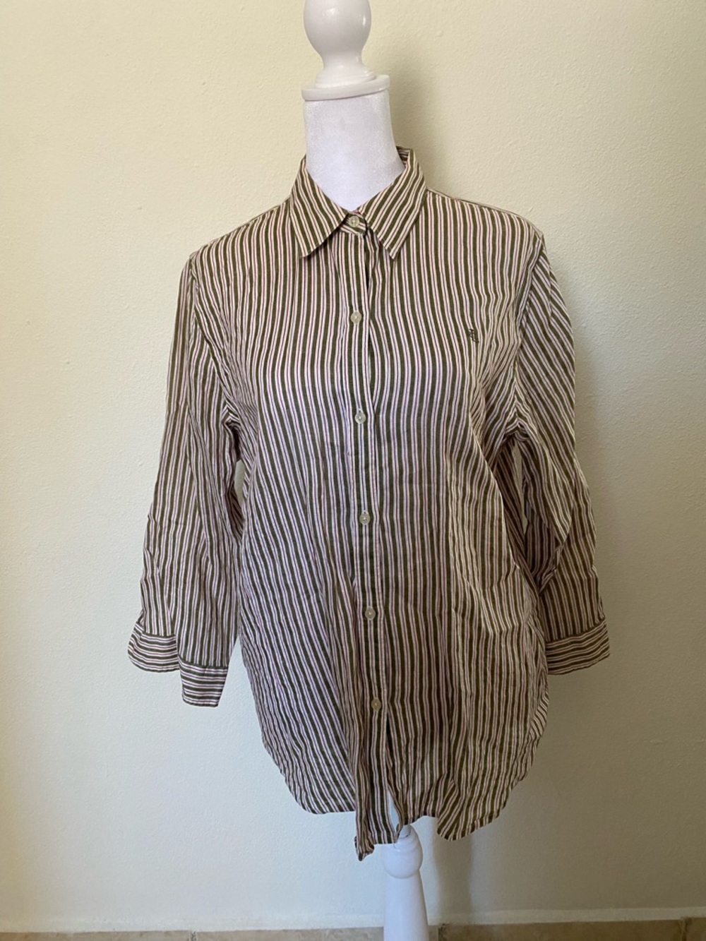 Lauren Ralph Lauren 100% Linen Button-Up Shirt Women's L Green Red Quiet Luxury